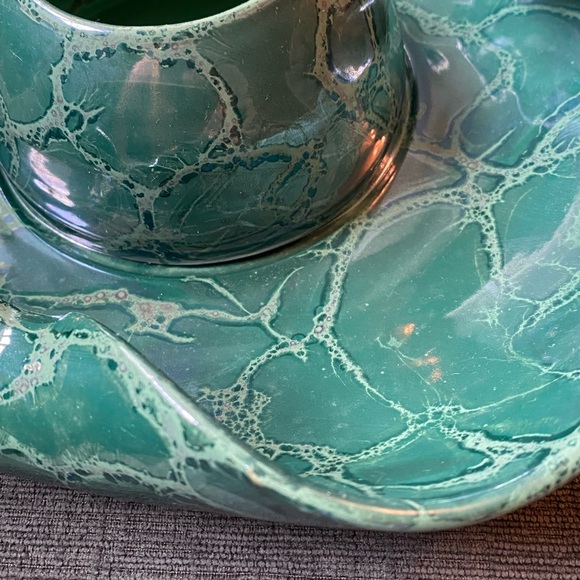 Vtg MCM green luster ceramic chip & dip plate - Picture 2 of 8